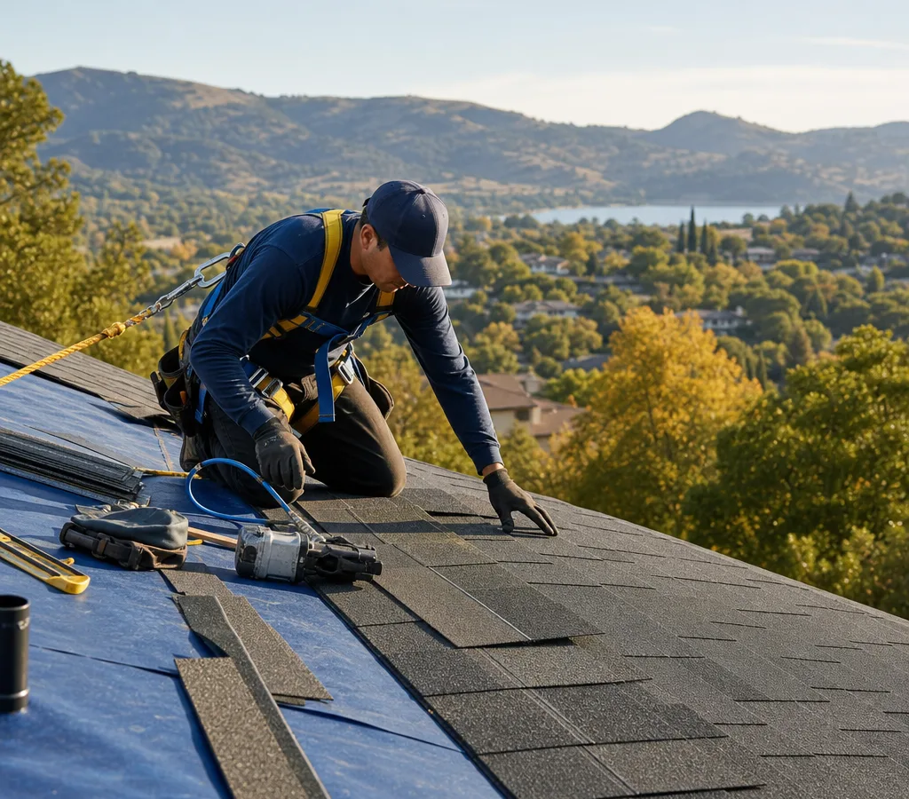 Residential roofer installing architectural shingles with underlayment and fall protection on an Orinda-area home