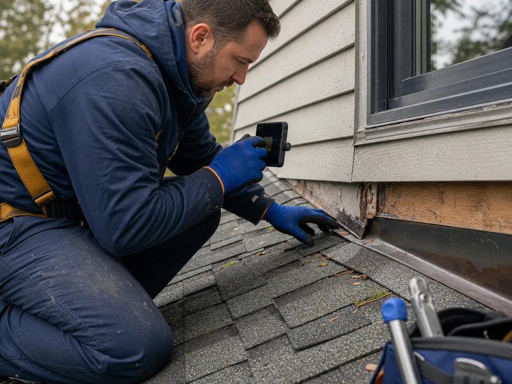 Roofing technician inspecting and photographing flashing at a roof-to-wall transition