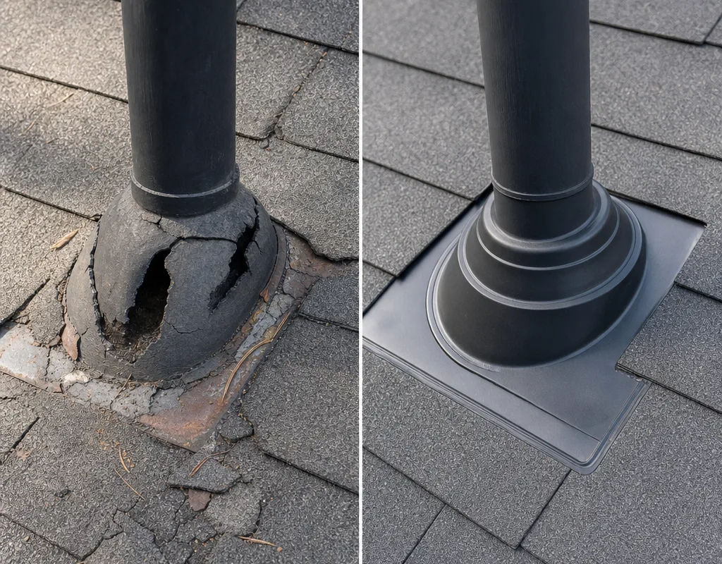 Before-and-after view of a deteriorated pipe boot repaired with new flashing
