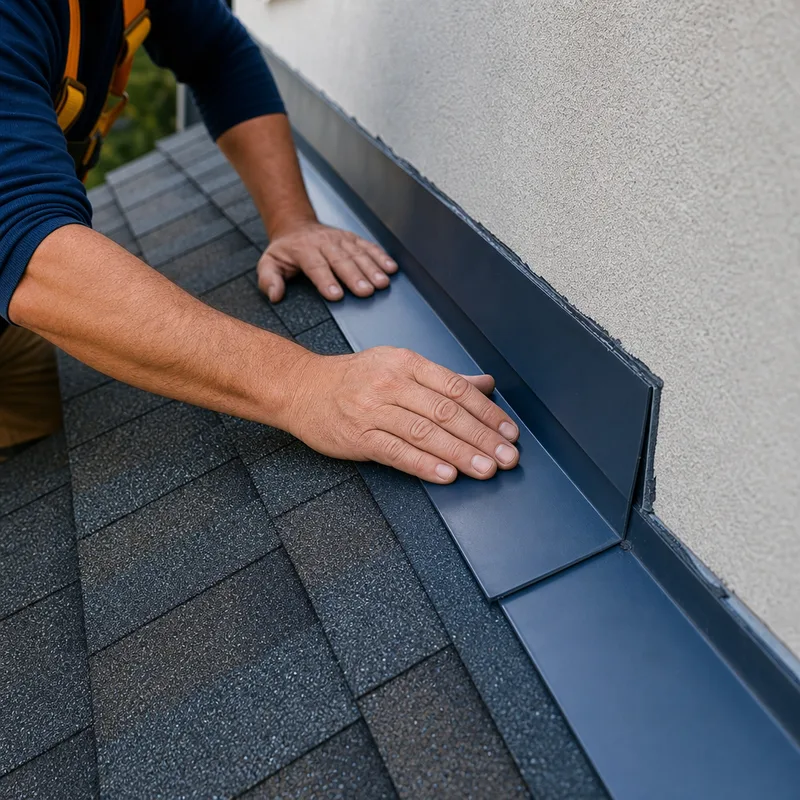 Close-up of correctly layered step flashing and counterflashing at a roof-to-wall transition