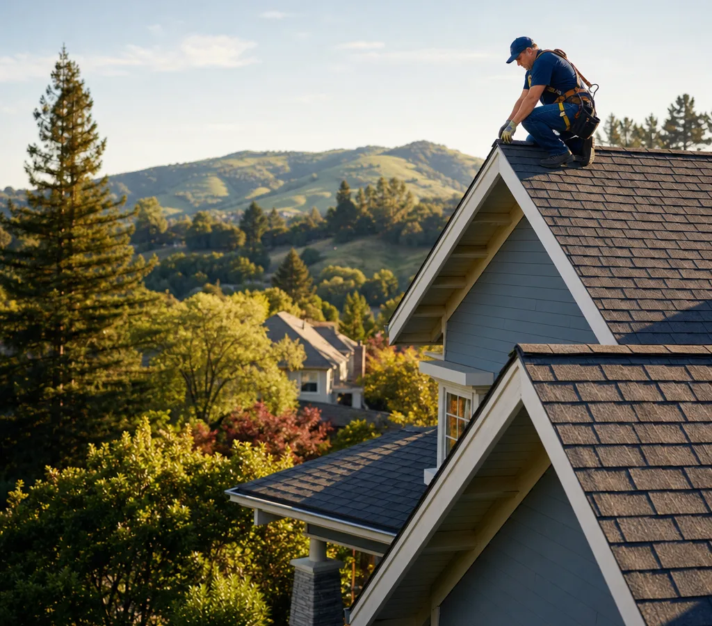 Street-level view of an Orinda home with a roofer inspecting its pitched composition-shingle roof