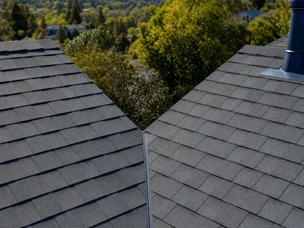 Completed roof valley with clean lines and correctly integrated shingles