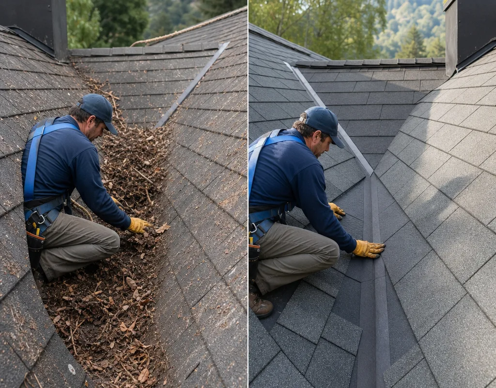 Before-and-after roof valley cleared of debris and rebuilt with new underlayment and correctly aligned roofing
