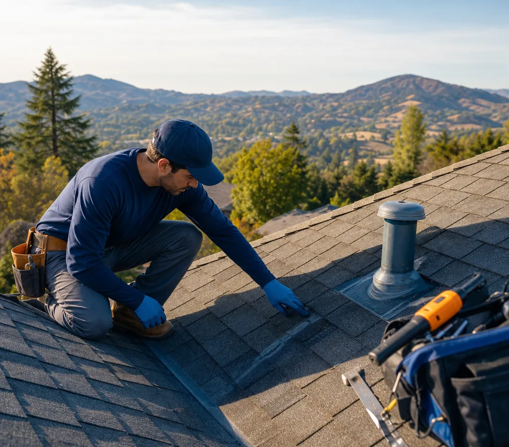 Technician on a residential roof in Orinda inspecting a leak near a valley and vent penetration