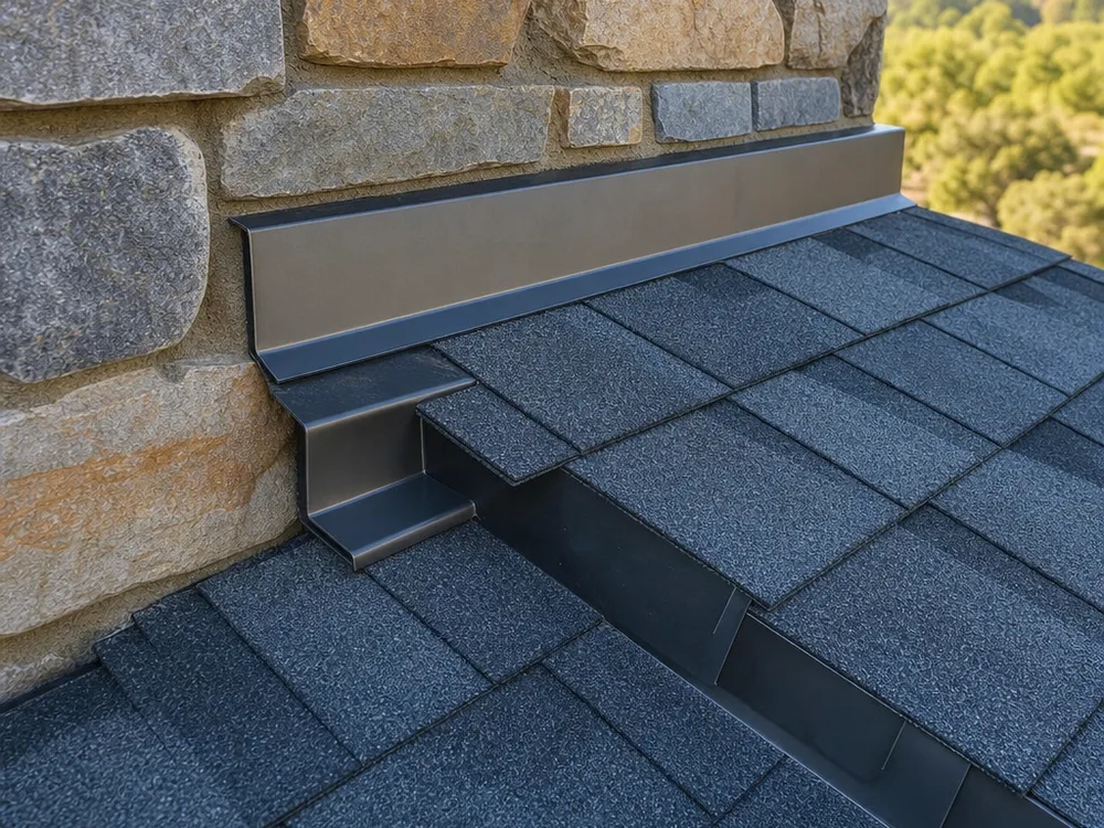Correctly layered step flashing and counterflashing integrated with new shingles at a roof sidewall