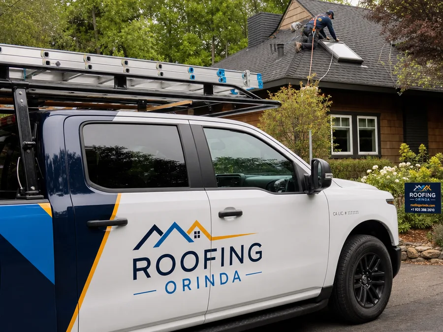 Technician using fall protection while repairing a roof vent flashing boot with compatible materials